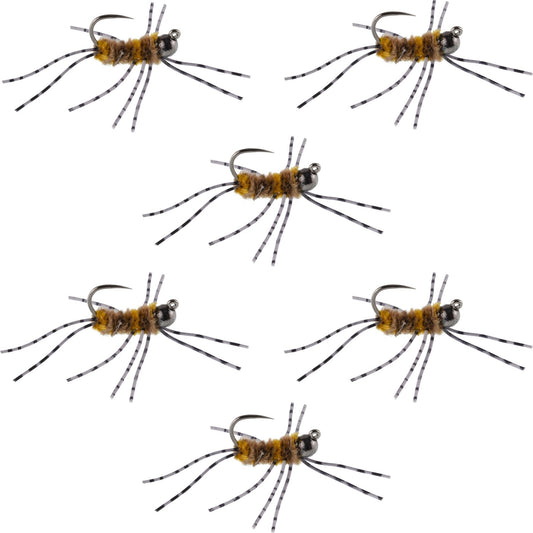 Barbless Pat's Barred Rubber Legs Tungsten Bead Jigged Coffee/Tan Euro Nymph - Set of 6 Flies Hook Size 6 - Hazy Fly Fishing