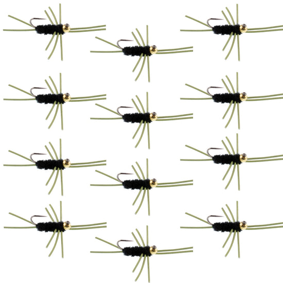 Barbless Pat's Rubber Legs Tungsten Bead Jigged Black Euro Nymph - Set of 12 Flies Hook Size 10 - Hazy Fly Fishing