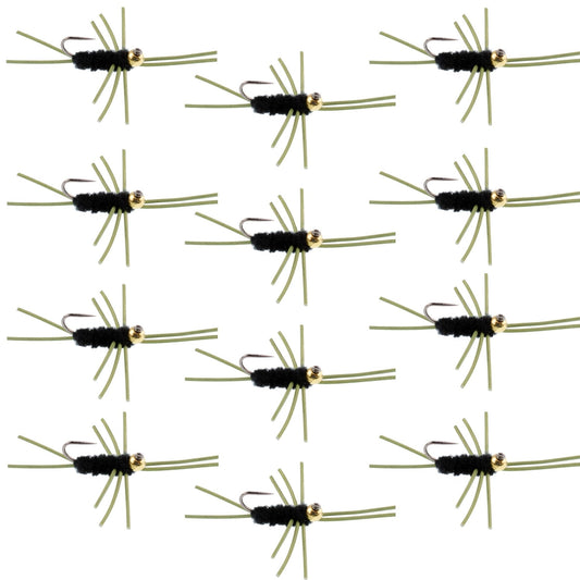 Barbless Pat's Rubber Legs Tungsten Bead Jigged Black Euro Nymph - Set of 12 Flies Hook Size 10 - Hazy Fly Fishing