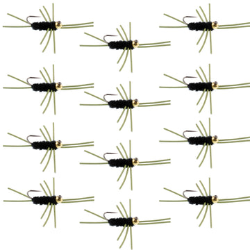 Barbless Pat's Rubber Legs Tungsten Bead Jigged Black Euro Nymph - Set of 12 Flies Hook Size 10 - Hazy Fly Fishing
