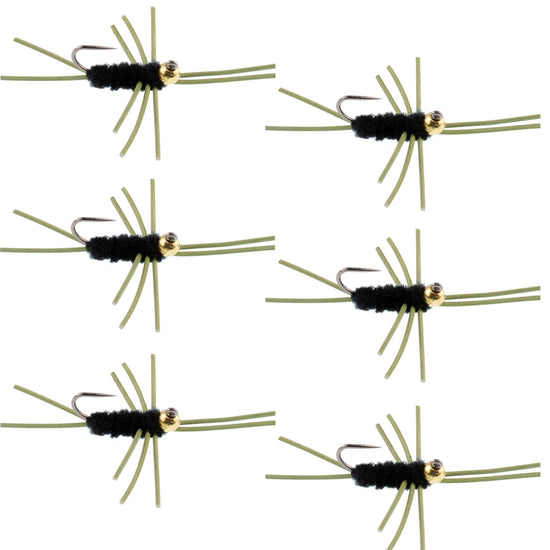 Barbless Pat's Rubber Legs Tungsten Bead Jigged Black Euro Nymph - Set of 6 Flies Hook Size 10 - Hazy Fly Fishing
