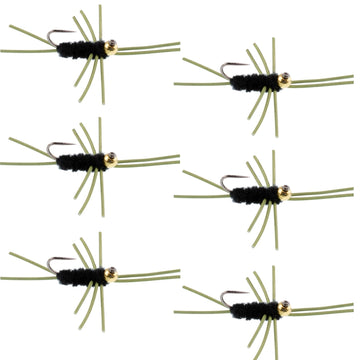 Barbless Pat's Rubber Legs Tungsten Bead Jigged Black Euro Nymph - Set of 6 Flies Hook Size 10 - Hazy Fly Fishing