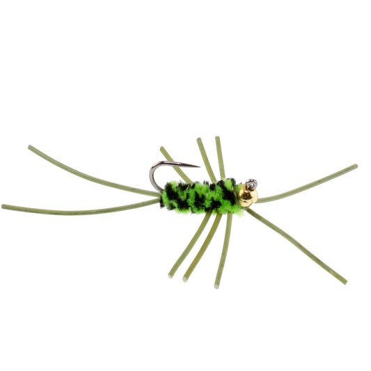 Barbless Pat's Rubber Legs Tungsten Bead Jigged Black/Chartreuse Euro Nymph - Set of 6 Flies Hook Size 10 - Hazy Fly Fishing