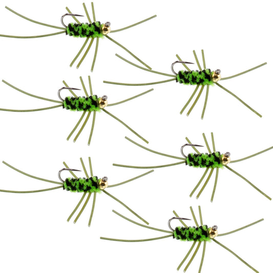Barbless Pat's Rubber Legs Tungsten Bead Jigged Black/Chartreuse Euro Nymph - Set of 6 Flies Hook Size 10 - Hazy Fly Fishing