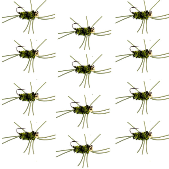 Barbless Pat's Rubber Legs Tungsten Bead Jigged Black/Olive Euro Nymph - Set of 12 Flies Hook Size 10 - Hazy Fly Fishing