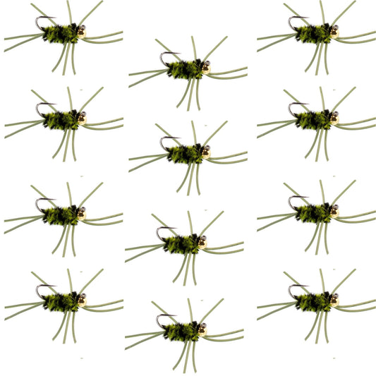 Barbless Pat's Rubber Legs Tungsten Bead Jigged Black/Olive Euro Nymph - Set of 12 Flies Hook Size 10 - Hazy Fly Fishing