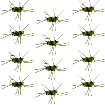 Barbless Pat's Rubber Legs Tungsten Bead Jigged Black/Olive Euro Nymph - Set of 12 Flies Hook Size 10 - Hazy Fly Fishing
