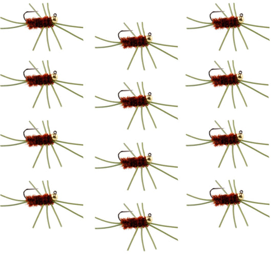 Barbless Pat's Rubber Legs Tungsten Bead Jigged Brown Euro Nymph - Set of 12 Flies Hook Size 10 - Hazy Fly Fishing