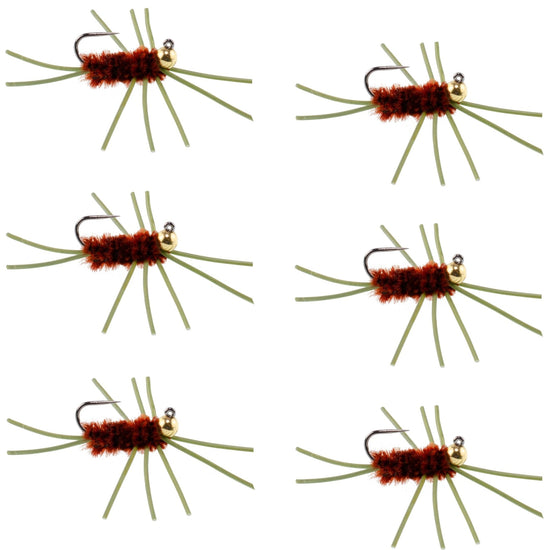 Barbless Pat's Rubber Legs Tungsten Bead Jigged Brown Euro Nymph - Set of 6 Flies Hook Size 10 - Hazy Fly Fishing