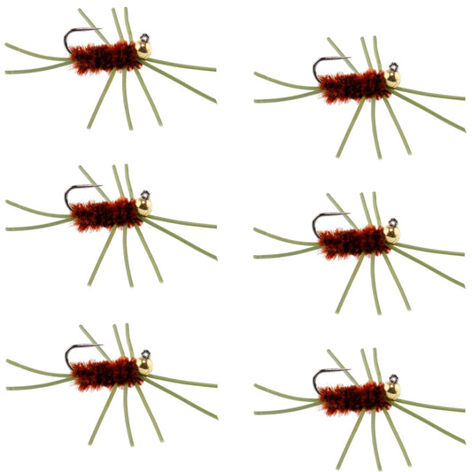 Barbless Pat's Rubber Legs Tungsten Bead Jigged Brown Euro Nymph - Set of 6 Flies Hook Size 10 - Hazy Fly Fishing