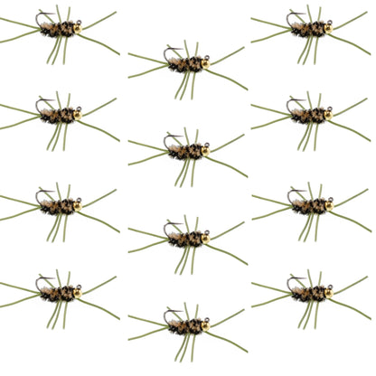 Barbless Pat's Rubber Legs Tungsten Bead Jigged Coffee/Black Euro Nymph - Set of 12 Flies Hook Size 10 - Hazy Fly Fishing