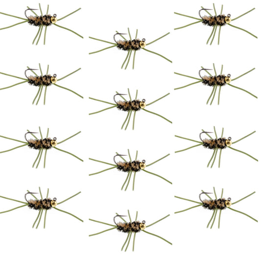 Barbless Pat's Rubber Legs Tungsten Bead Jigged Coffee/Black Euro Nymph - Set of 12 Flies Hook Size 10 - Hazy Fly Fishing