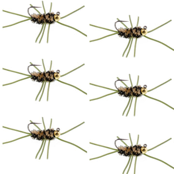 Barbless Pat's Rubber Legs Tungsten Bead Jigged Coffee/Black Euro Nymph - Set of 6 Flies Hook Size 10 - Hazy Fly Fishing