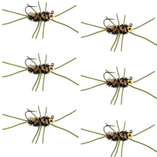 Barbless Pat's Rubber Legs Tungsten Bead Jigged Coffee/Black Euro Nymph - Set of 6 Flies Hook Size 10 - Hazy Fly Fishing