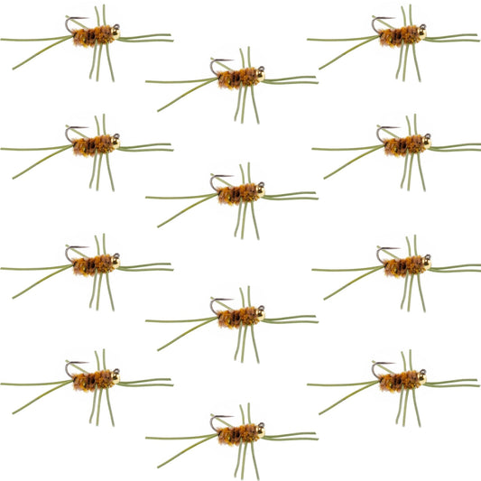 Barbless Pat's Rubber Legs Tungsten Bead Jigged Coffee/Tan Euro Nymph - Set of 12 Flies Hook Size 10 - Hazy Fly Fishing