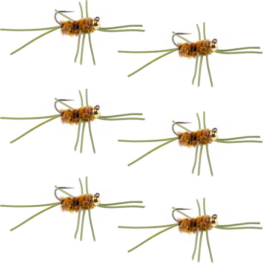 Barbless Pat's Rubber Legs Tungsten Bead Jigged Coffee/Tan Euro Nymph - Set of 6 Flies Hook Size 10 - Hazy Fly Fishing