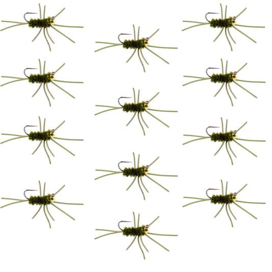 Barbless Pat's Rubber Legs Tungsten Bead Jigged Dark Olive Euro Nymph - Set of 12 Flies Hook Size 10 - Hazy Fly Fishing