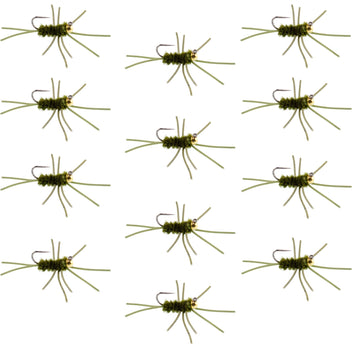 Barbless Pat's Rubber Legs Tungsten Bead Jigged Dark Olive Euro Nymph - Set of 12 Flies Hook Size 10 - Hazy Fly Fishing