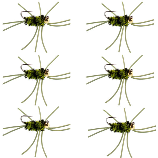 Barbless Pat's Rubber Legs Tungsten Bead Jigged Olive/Black Euro Nymph - Set of 6 Flies Hook Size 10 - Hazy Fly Fishing