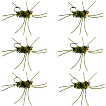 Barbless Pat's Rubber Legs Tungsten Bead Jigged Olive/Black Euro Nymph - Set of 6 Flies Hook Size 10 - Hazy Fly Fishing