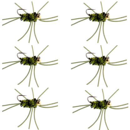 Barbless Pat's Rubber Legs Tungsten Bead Jigged Olive/Black Euro Nymph - Set of 6 Flies Hook Size 10 - Hazy Fly Fishing