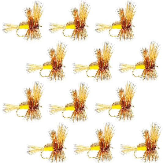 Barbless Yellow Humpy Classic Hair Wing Dry Fly - 1 Dozen Flies Hook Size 12 - Hazy Fly Fishing