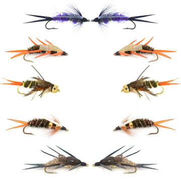 Basics Collection - Double Bead Head Nymph Assortment - 10 Wet Flies - 5 Patterns - Hook Size 12 - Hazy Fly Fishing
