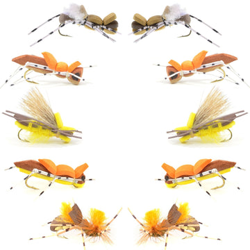 Basics Collection - Foam Hoppers Dry Fly Assortment - 10 Dry Fishing Grasshopper Flies - 5 Patterns - Hook Size 10 - Hazy Fly Fishing