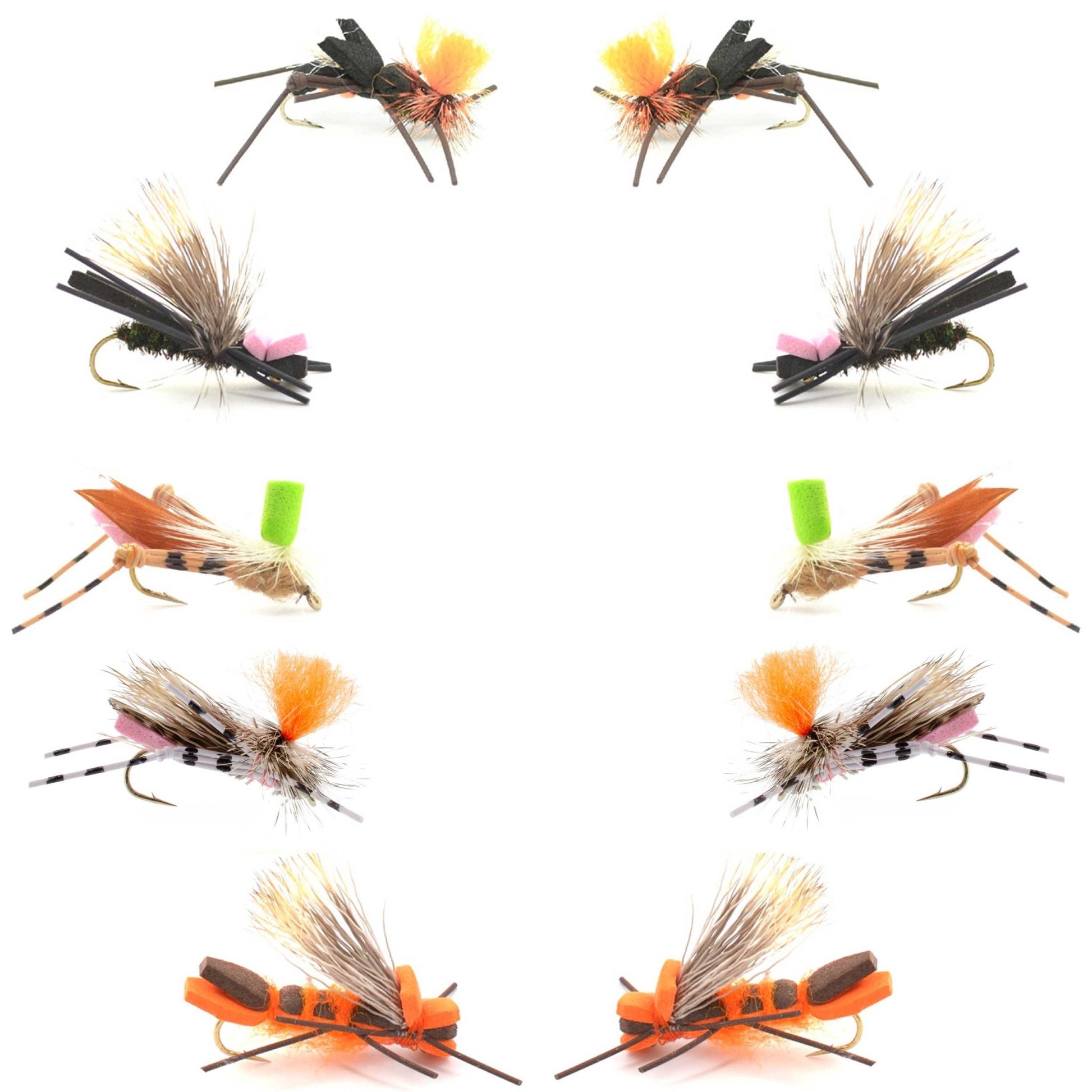Basics Collection - Foam Hoppers Dry Fly Assortment 2 - 10 Dry Fishing Grasshopper Flies - 5 Patterns - Hook Size 10 - Hazy Fly Fishing