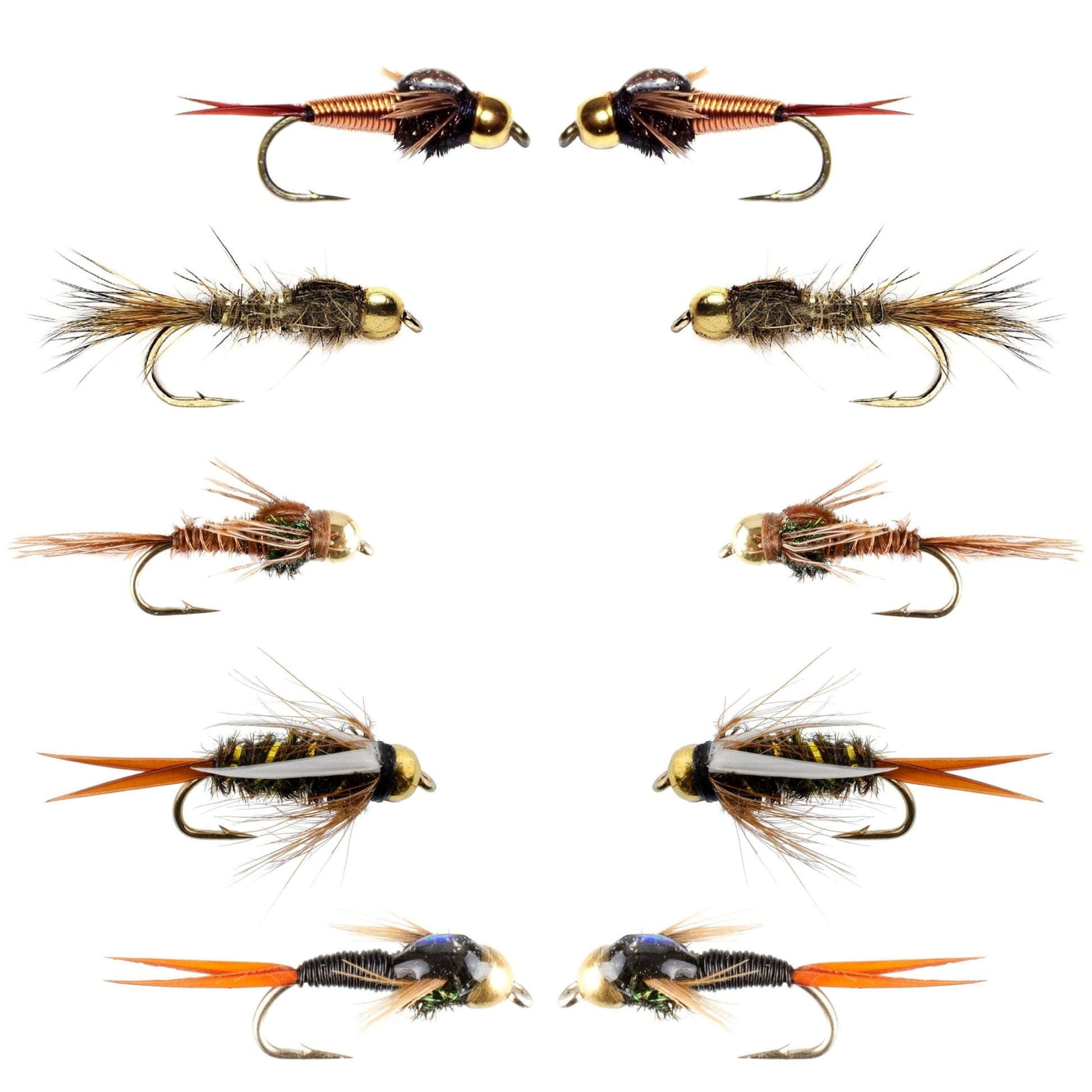 Basics Collection - Tungsten Bead Head Nymph Assortment - 10 Wet Flies - 5 Patterns - Hook Sizes 10, 12, 14, 16 - Hazy Fly Fishing