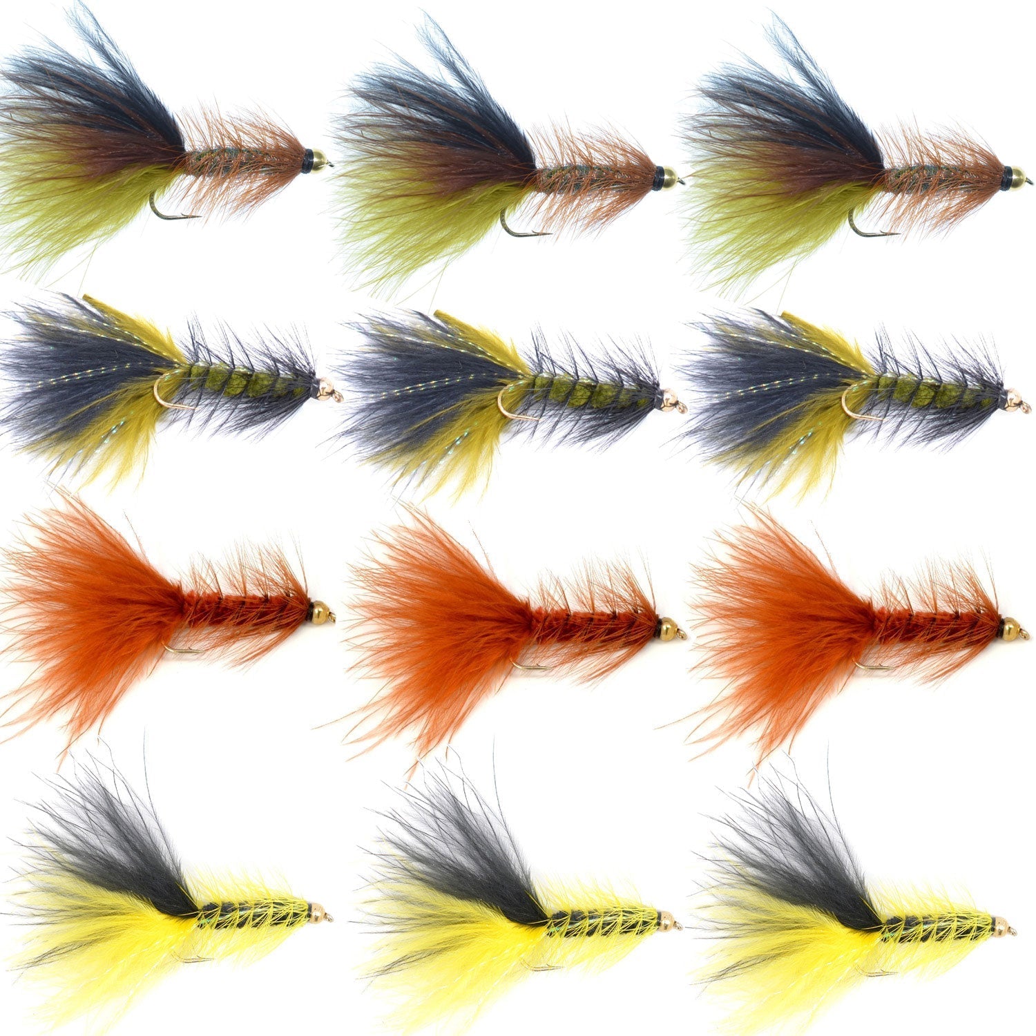Bead Head Crystal Woolly Bugger Streamer Flies - Set of 12 Bass and Trout Flies - Hook Size 4 - Hazy Fly Fishing