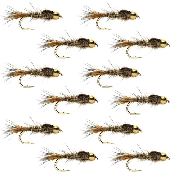Bead Head Gold Ribbed Hares Ear Nymph 1 Dozen Flies - Size 10 - Hazy Fly Fishing