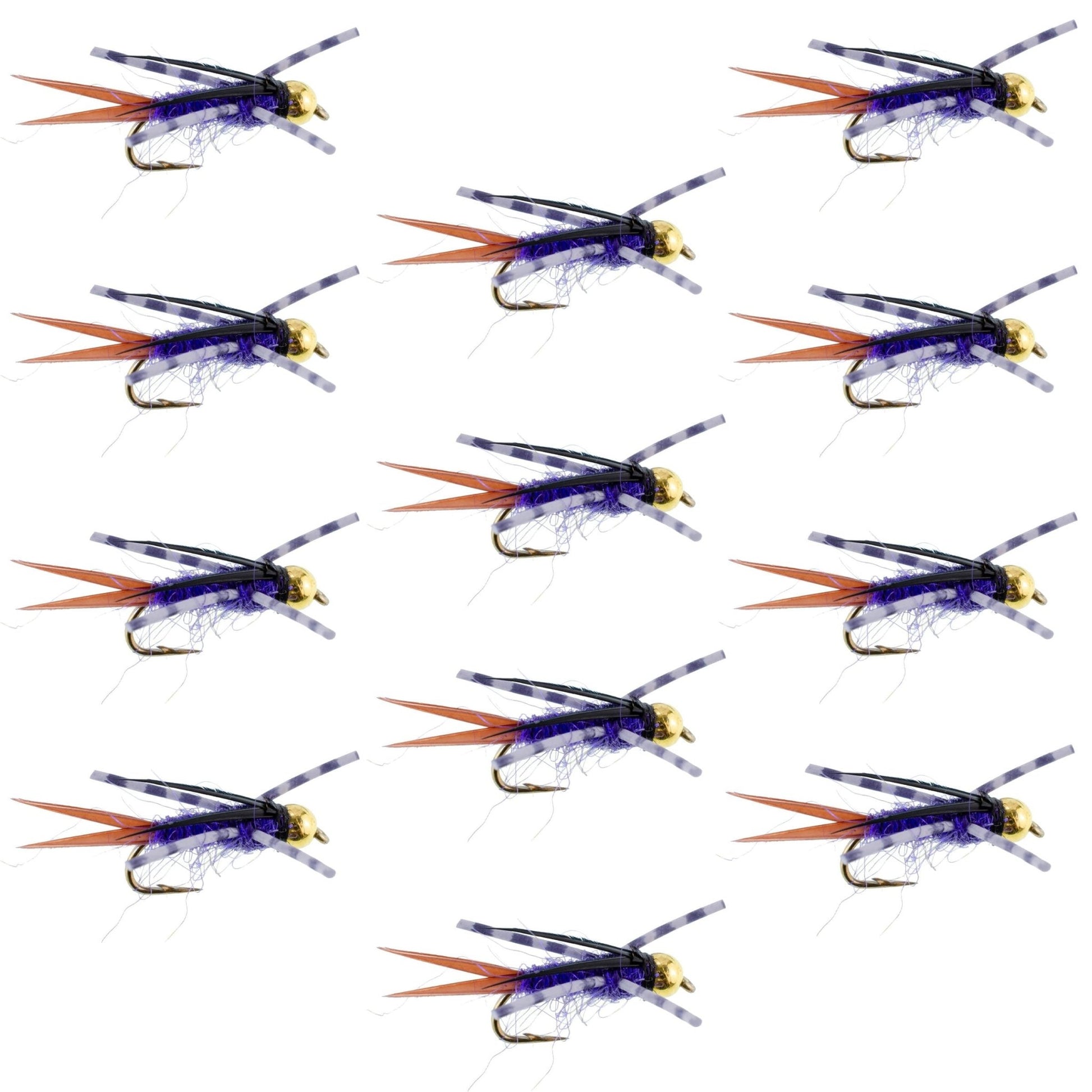 Bead Head Purple Batman Rubber Legs Nymph Fly - 12 Flies Hook Size 12 - Hazy Fly Fishing