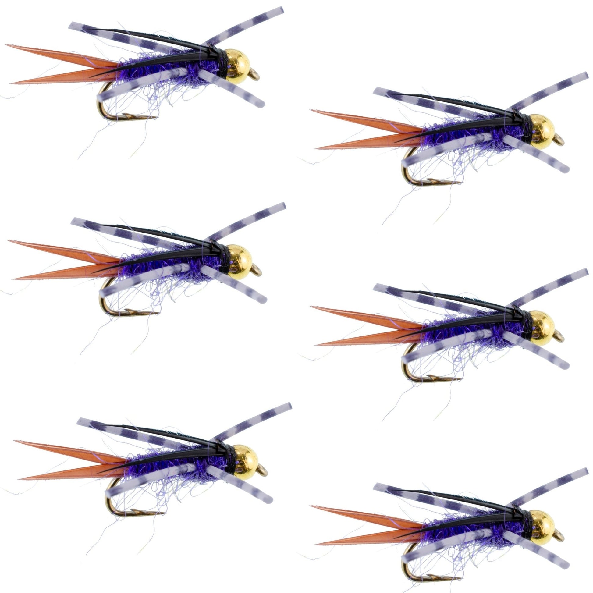 Bead Head Purple Batman Rubber Legs Nymph Fly - 6 Flies Hook Size 14 - Hazy Fly Fishing