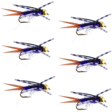 Bead Head Purple Batman Rubber Legs Nymph Fly - 6 Flies Hook Size 14 - Hazy Fly Fishing