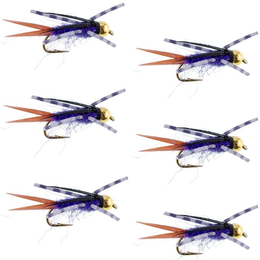 Bead Head Purple Batman Rubber Legs Nymph Fly - 6 Flies Hook Size 14 - Hazy Fly Fishing