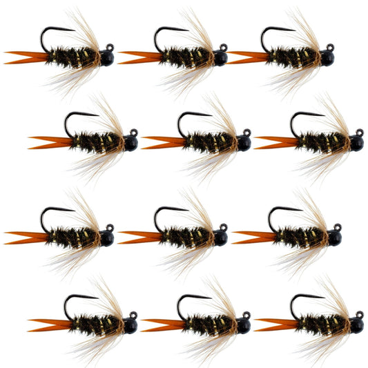 Black Tungsten Bead Prince Jig Tactical Czech Nymph Euro Nymphing Fly - 1 Dozen Flies Size 10 - Hazy Fly Fishing