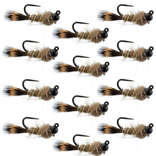 Black Tungsten Bead Tactical Hares Ear Czech Nymph Euro Nymphing Fly - 1 Dozen Flies Size 12 - Hazy Fly Fishing