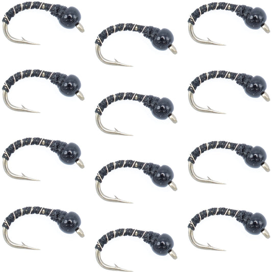 Black Zebra Midge - Black Bead Head - 1 Dozen - Size 16 - Tailwater and Lake Fly Fishing Flies - Hazy Fly Fishing