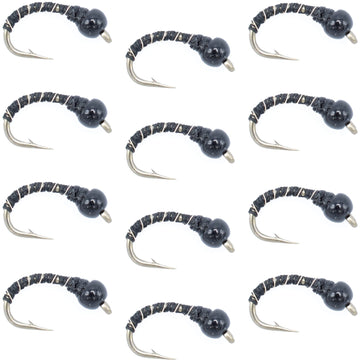 Black Zebra Midge - Black Bead Head - 1 Dozen - Size 16 - Tailwater and Lake Fly Fishing Flies - Hazy Fly Fishing