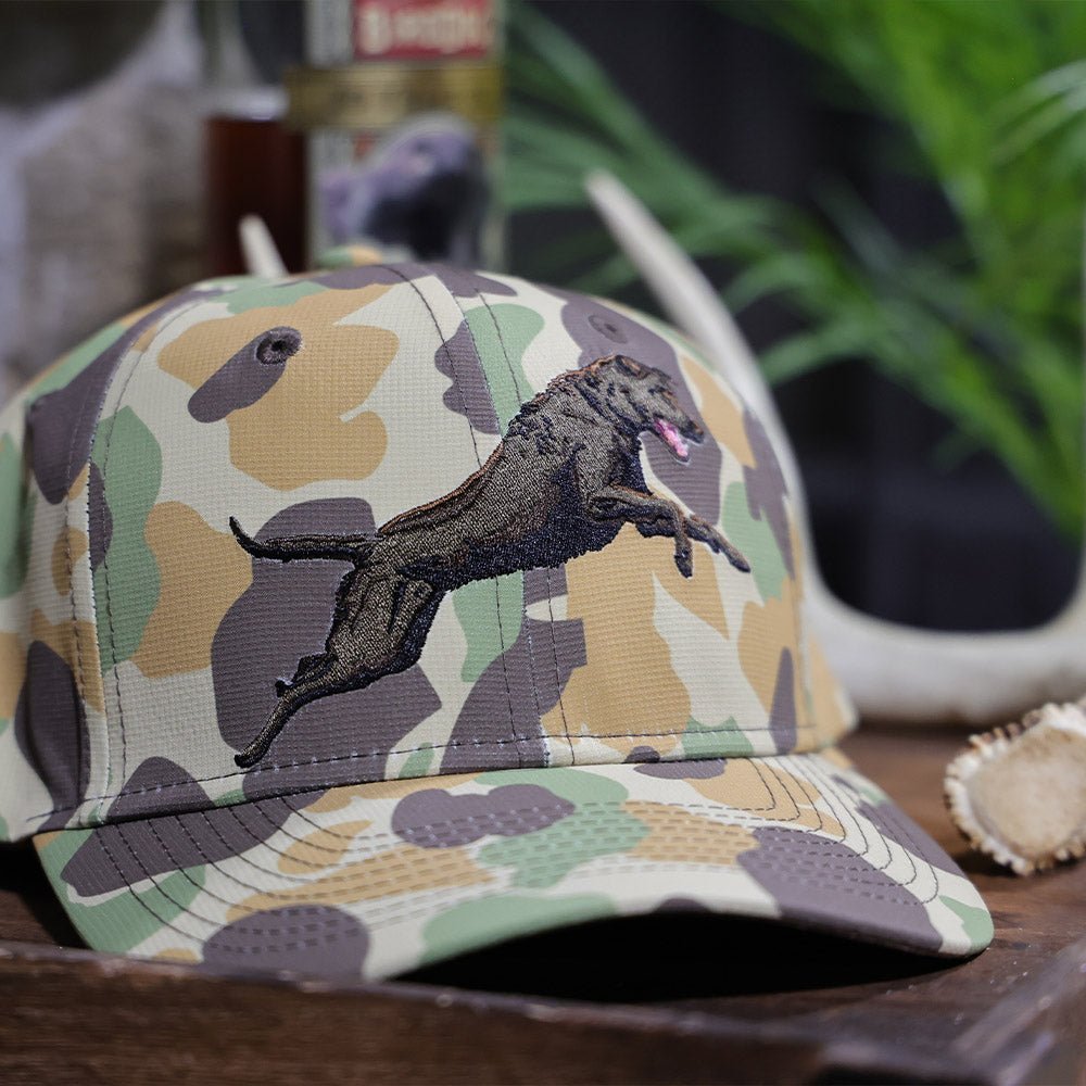 Chocolate Lab 6-Panel Riverside Vintage Camo Cap - Hazy Fly Fishing
