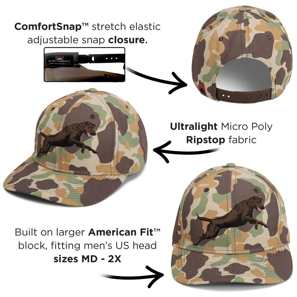 Chocolate Lab 6-Panel Riverside Vintage Camo Cap - Hazy Fly Fishing