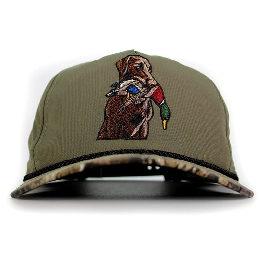 Chocolate Lab Duck Dog 5-Panel Camo Visor - Hazy Fly Fishing