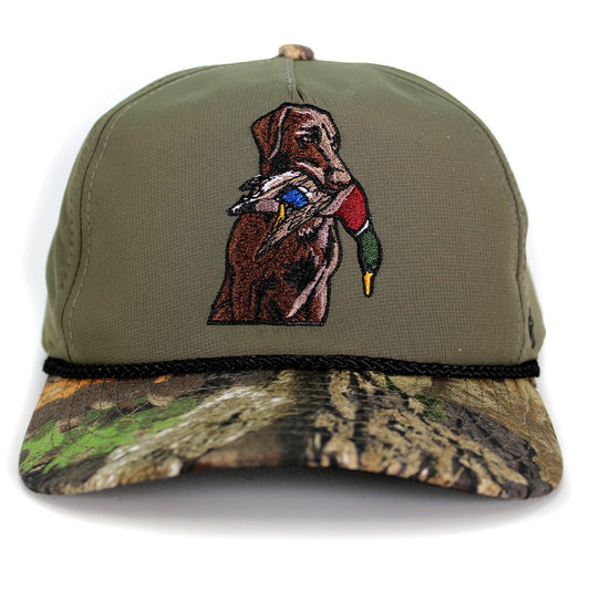 Chocolate Lab Duck Dog 5-Panel Camo Visor - Hazy Fly Fishing
