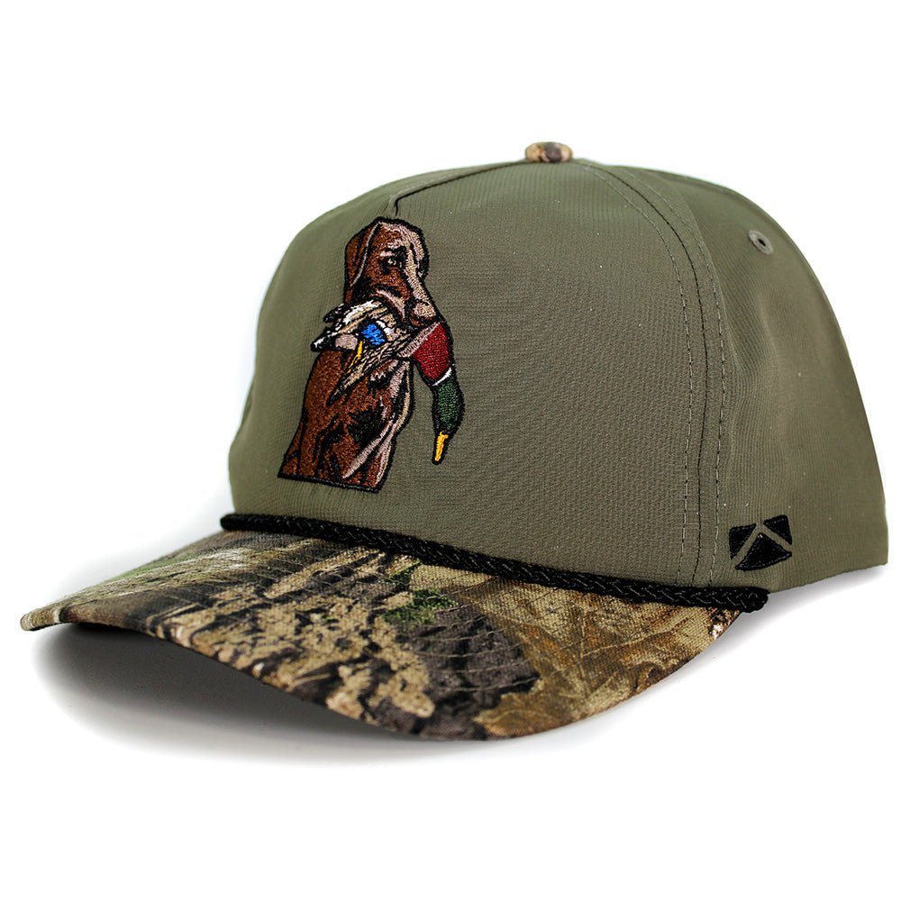 Chocolate Lab Duck Dog 5-Panel Camo Visor - Hazy Fly Fishing