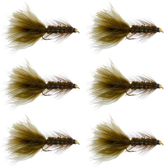 Dark Olive Bead Head Crystal Woolly Bugger Classic Streamer Flies - Set of 6 Trout Fly Fishing Flies - Hook Size 4 - Hazy Fly Fishing