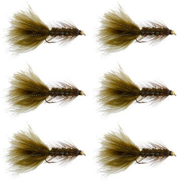 Dark Olive Bead Head Crystal Woolly Bugger Classic Streamer Flies - Set of 6 Trout Fly Fishing Flies - Hook Size 4 - Hazy Fly Fishing