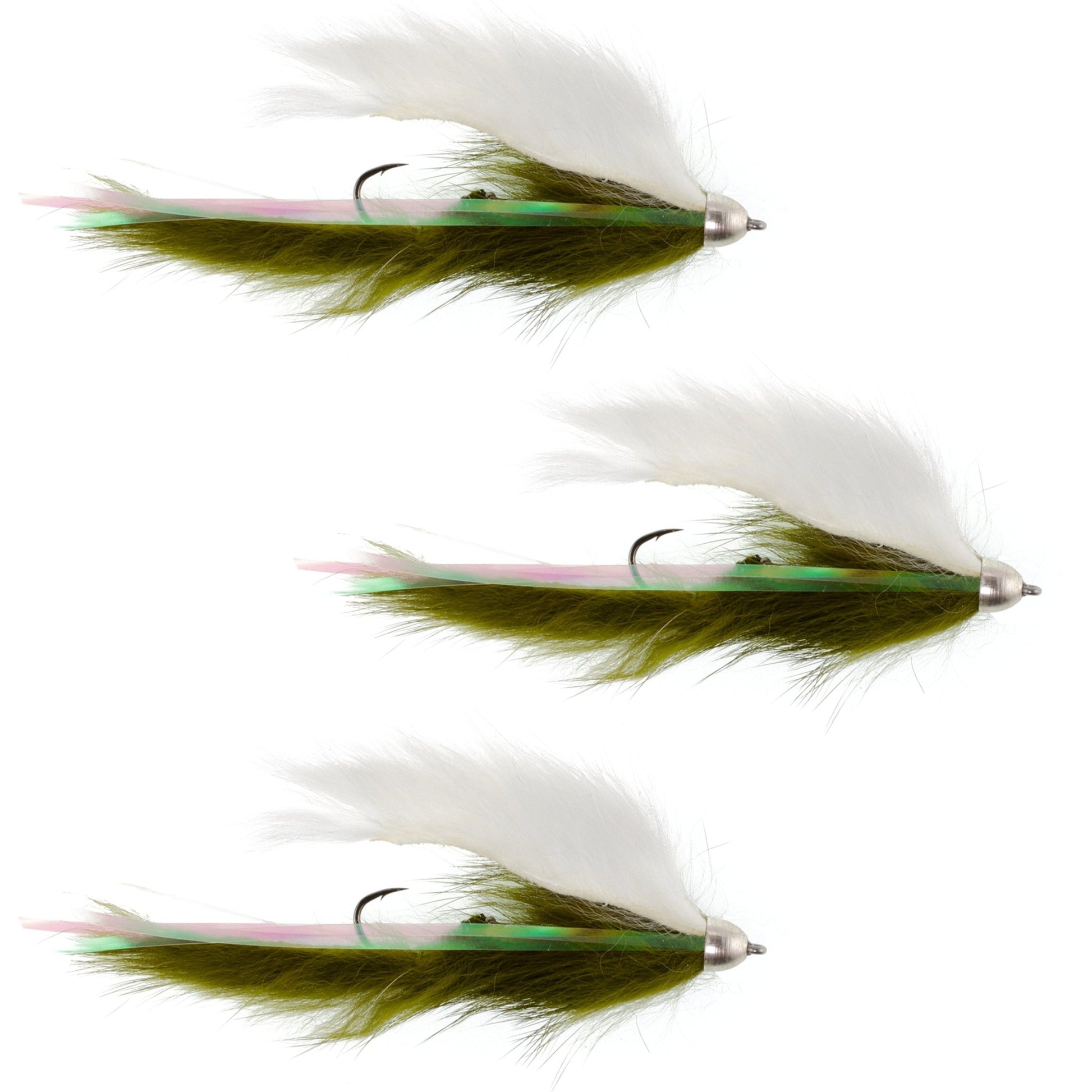 Dolly Llama Stinger Streamer Flies - 3 Olive and White Steelhead Trout Alaska Fly Fishing Flies - Hook Size 4 - Hazy Fly Fishing