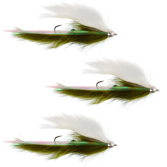 Dolly Llama Stinger Streamer Flies - 3 Olive and White Steelhead Trout Alaska Fly Fishing Flies - Hook Size 4 - Hazy Fly Fishing