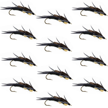 Double Bead Black Stone Fly with Black Biot Legs - Stonefly Wet Fly - 1 Dozen Flies Hook Size 10 - Hazy Fly Fishing